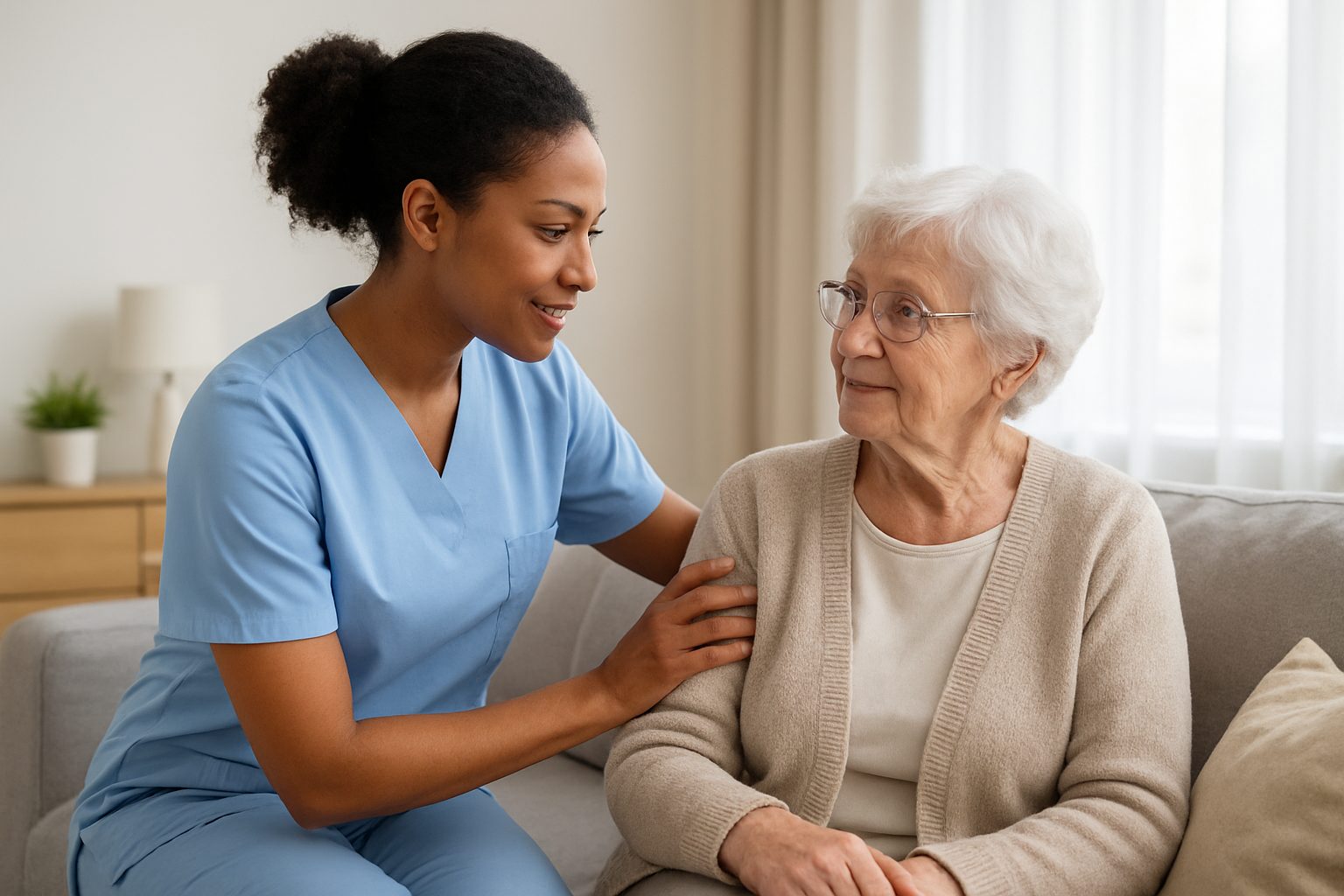 A caregiver interacting with a senior woman in a cozy home setting.