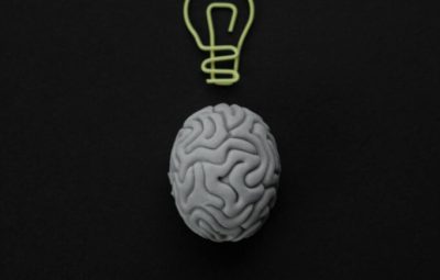 An artistic representation of a grey brain model with a green lightbulb outline above it, set against a black background