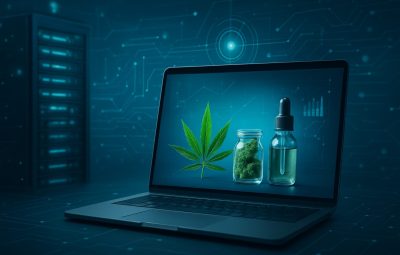 A laptop displaying cannabis-related items on a digital background
