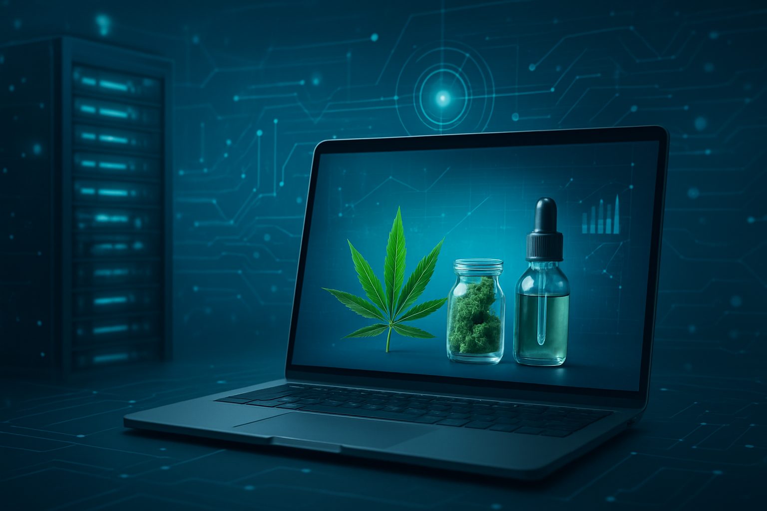 A laptop displaying cannabis-related items on a digital background